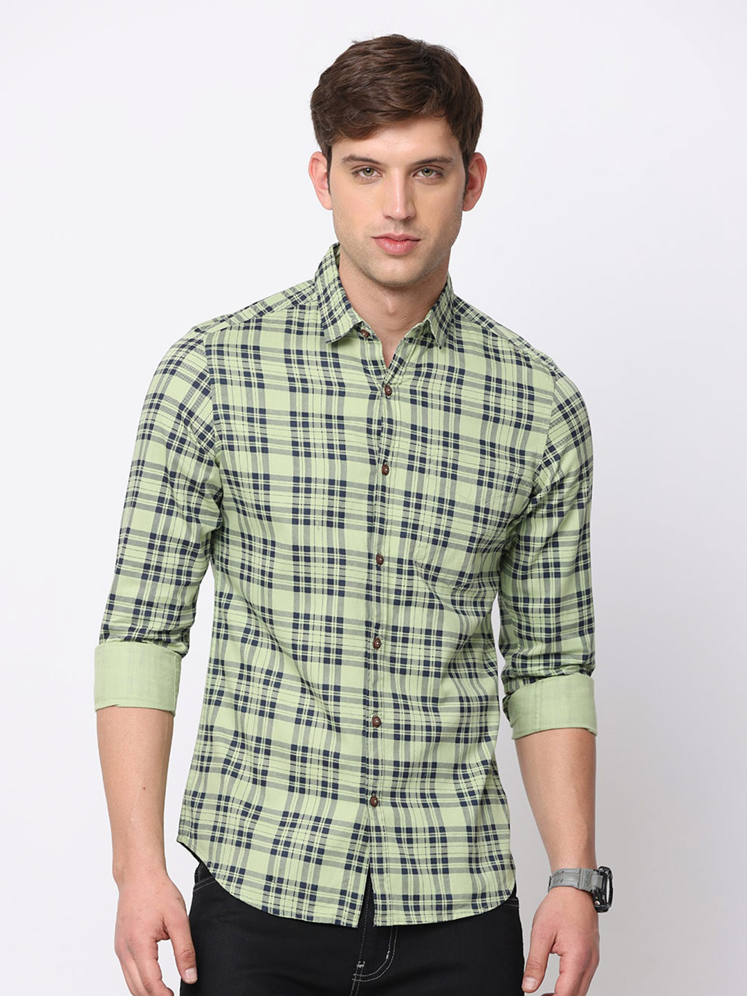 

NIRVAAN Men Pure Cotton Slim Fit Tartan Checks Checked Casual Shirt, Green