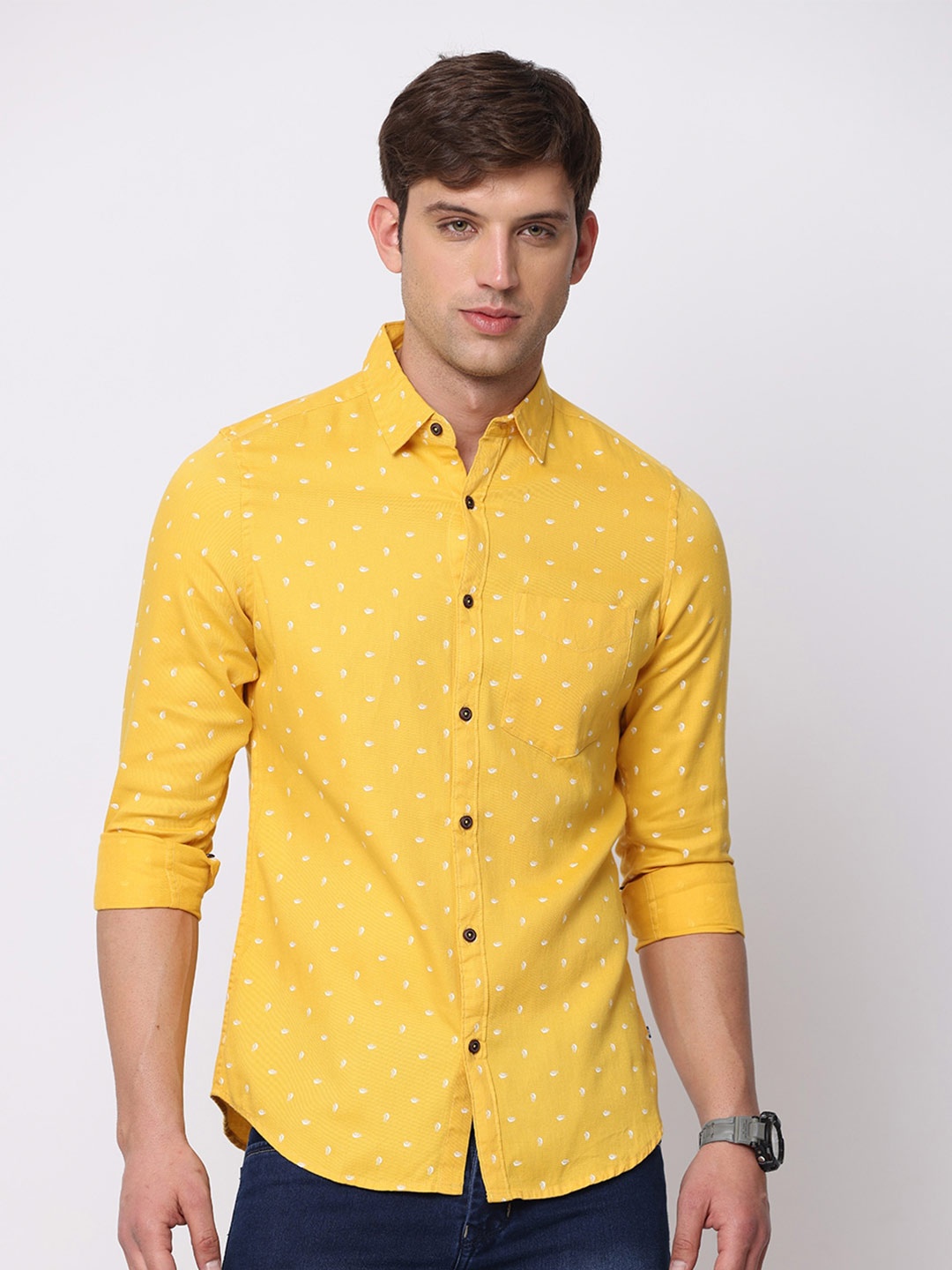 

NIRVAAN Men Pure Cotton Slim Fit Micro Ditsy Printed Casual Shirt, Mustard