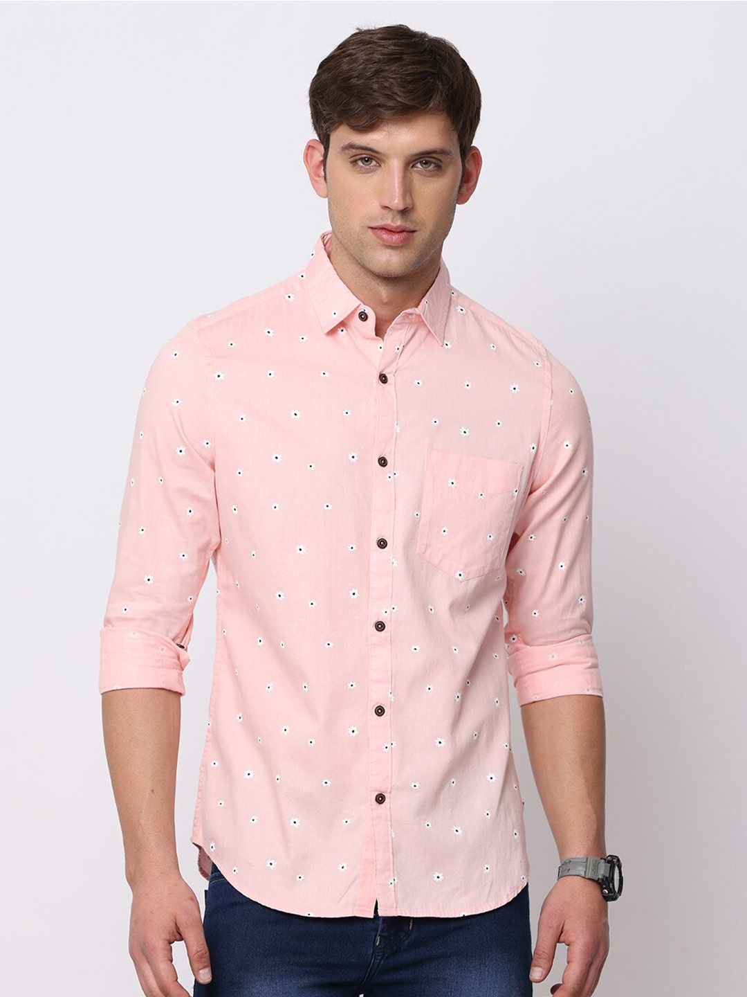 

NIRVAAN Men Pure Cotton Slim Fit Micro Ditsy Printed Casual Shirt, Pink