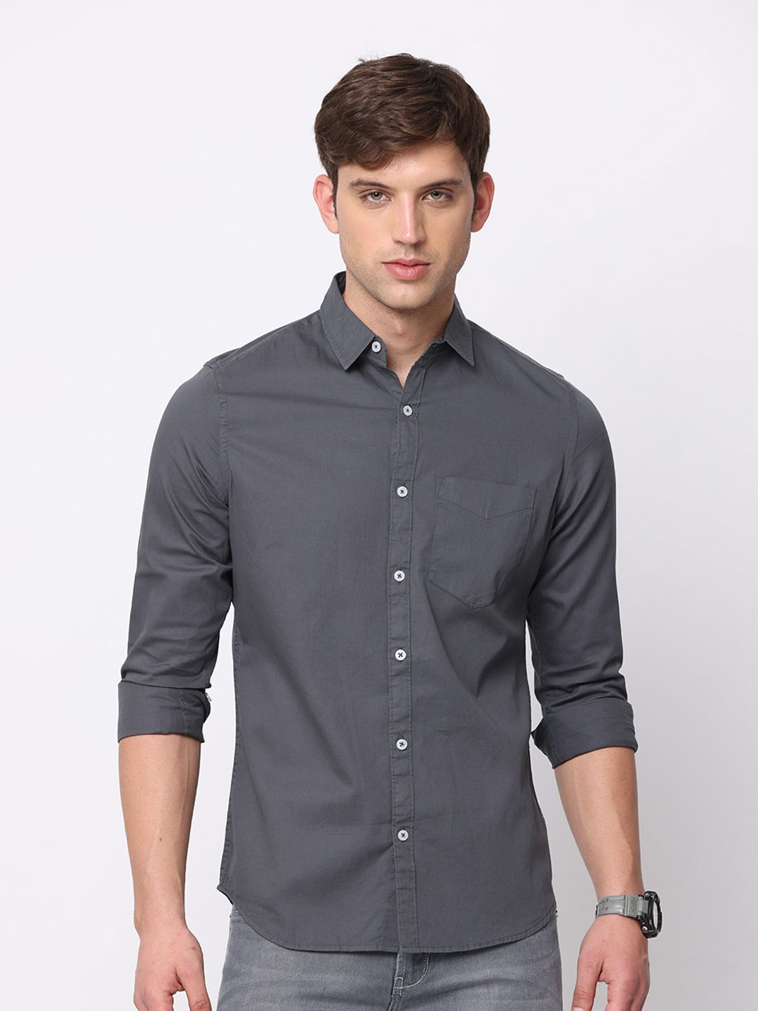 

NIRVAAN Men Pure Cotton Slim Fit Casual Shirt, Grey