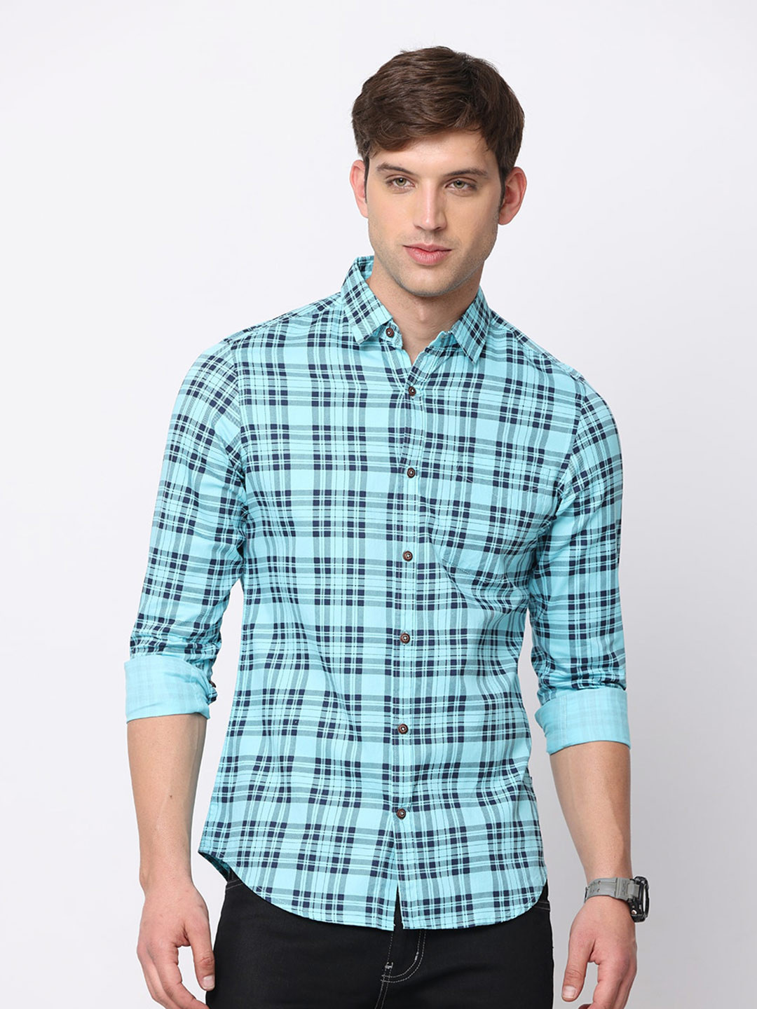 

NIRVAAN Men Slim Fit Tartan Checked Pure Cotton Casual Shirt, Blue