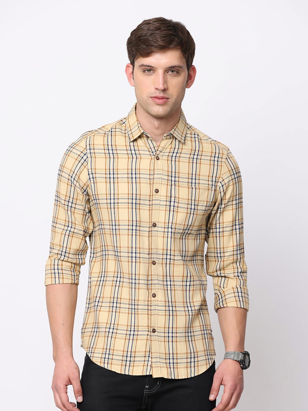 

NIRVAAN Men Slim Fit Tartan Checked Pure Cotton Casual Shirt, Beige