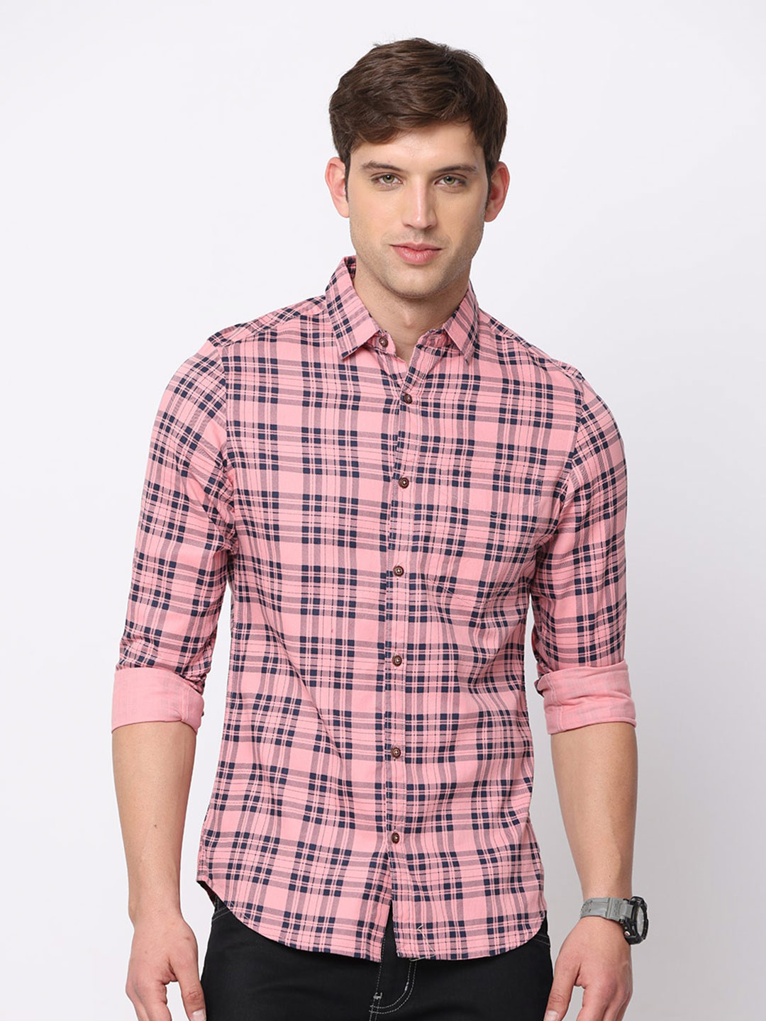 

NIRVAAN Men Slim Fit Tartan Checked Pure Cotton Casual Shirt, Pink