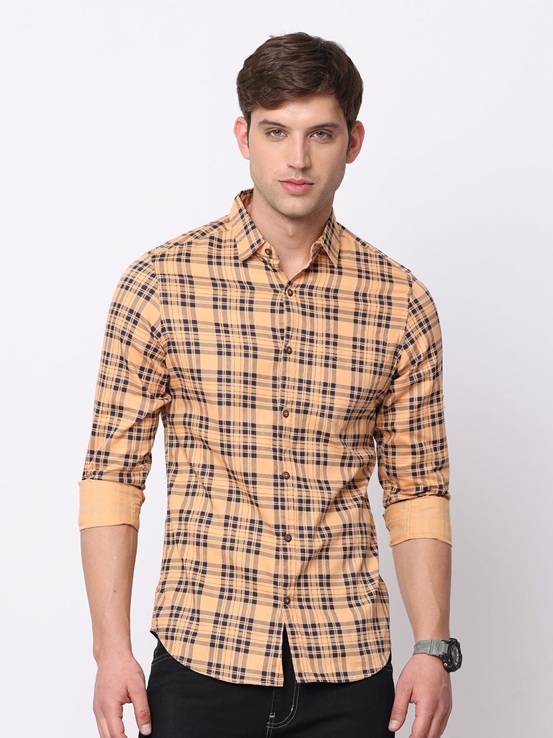 

NIRVAAN Men Slim Fit Tartan Checked Pure Cotton Casual Shirt, Beige