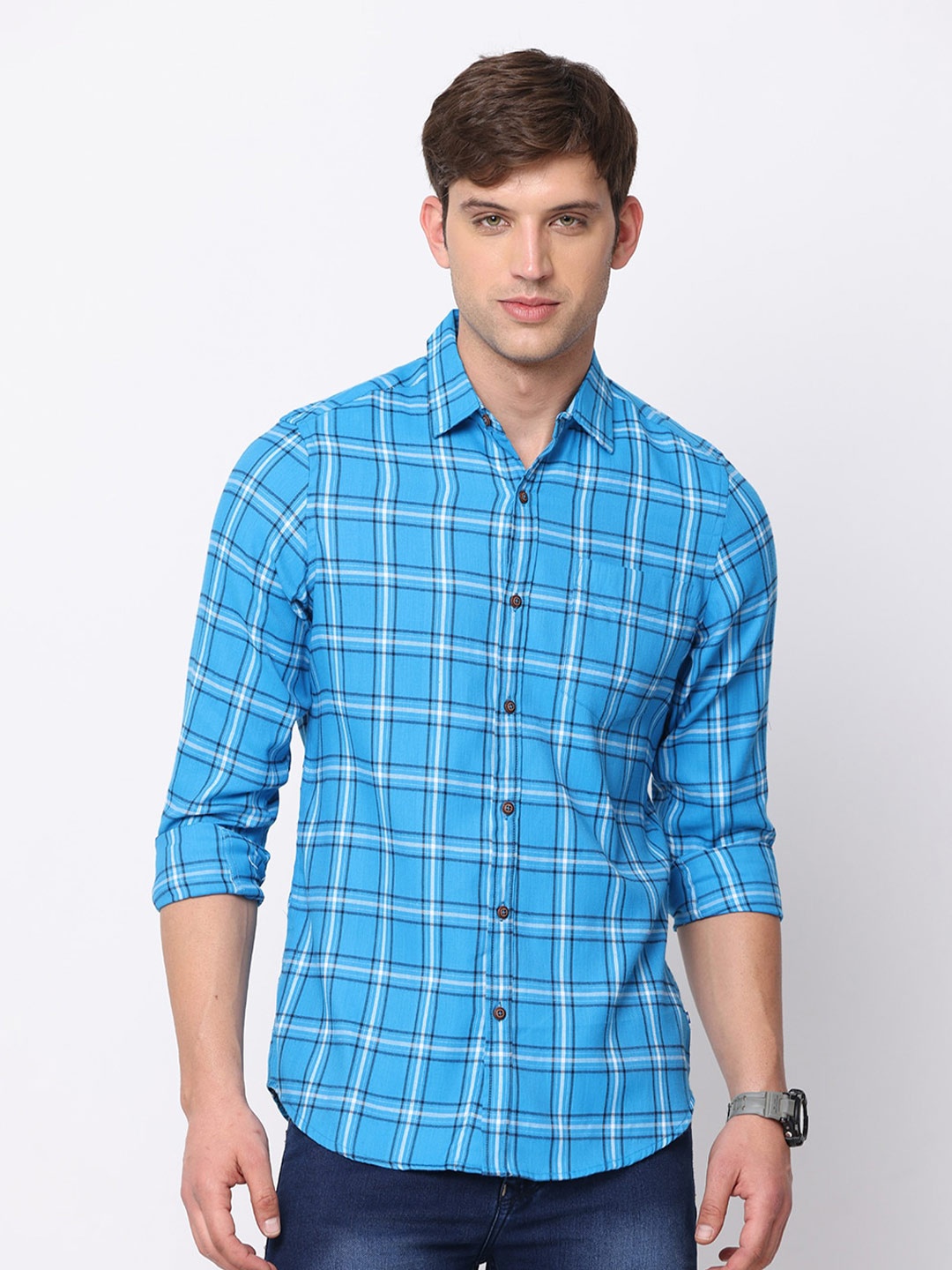 

NIRVAAN Men Slim Fit Checked Pure Cotton Casual Shirt, Blue