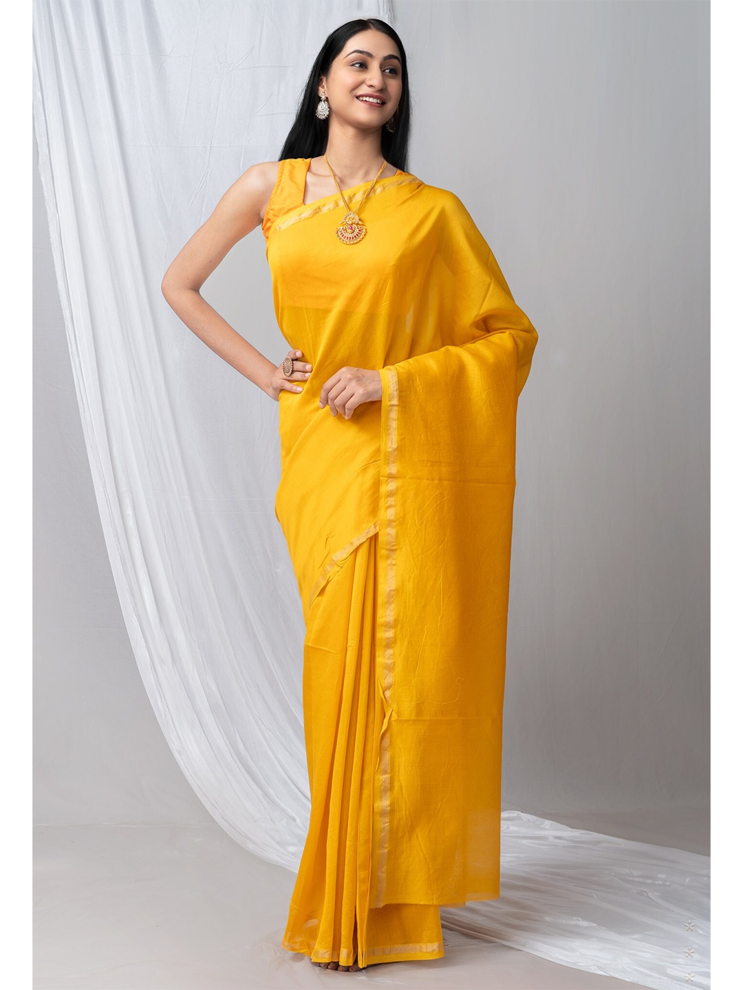 

Unnati Silks Zari Silk Cotton Chanderi Saree, Yellow