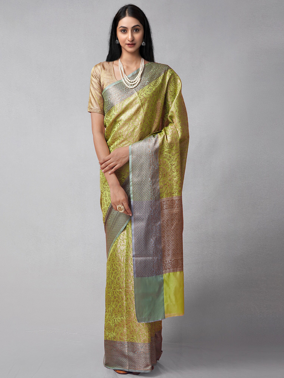 

Unnati Silks Ethnic Motifs Zari Silk Cotton Banarasi Saree, Green