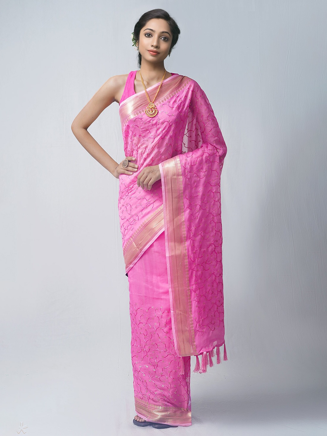 

Unnati Silks Floral Zari Silk Cotton Chanderi Saree, Pink