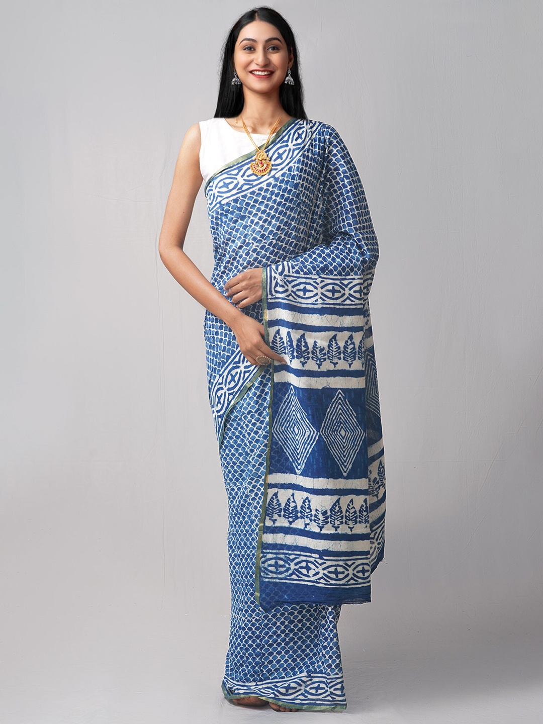 

Unnati Silks Tie and Dye Zari Pure Cotton Dabu Saree, Navy blue