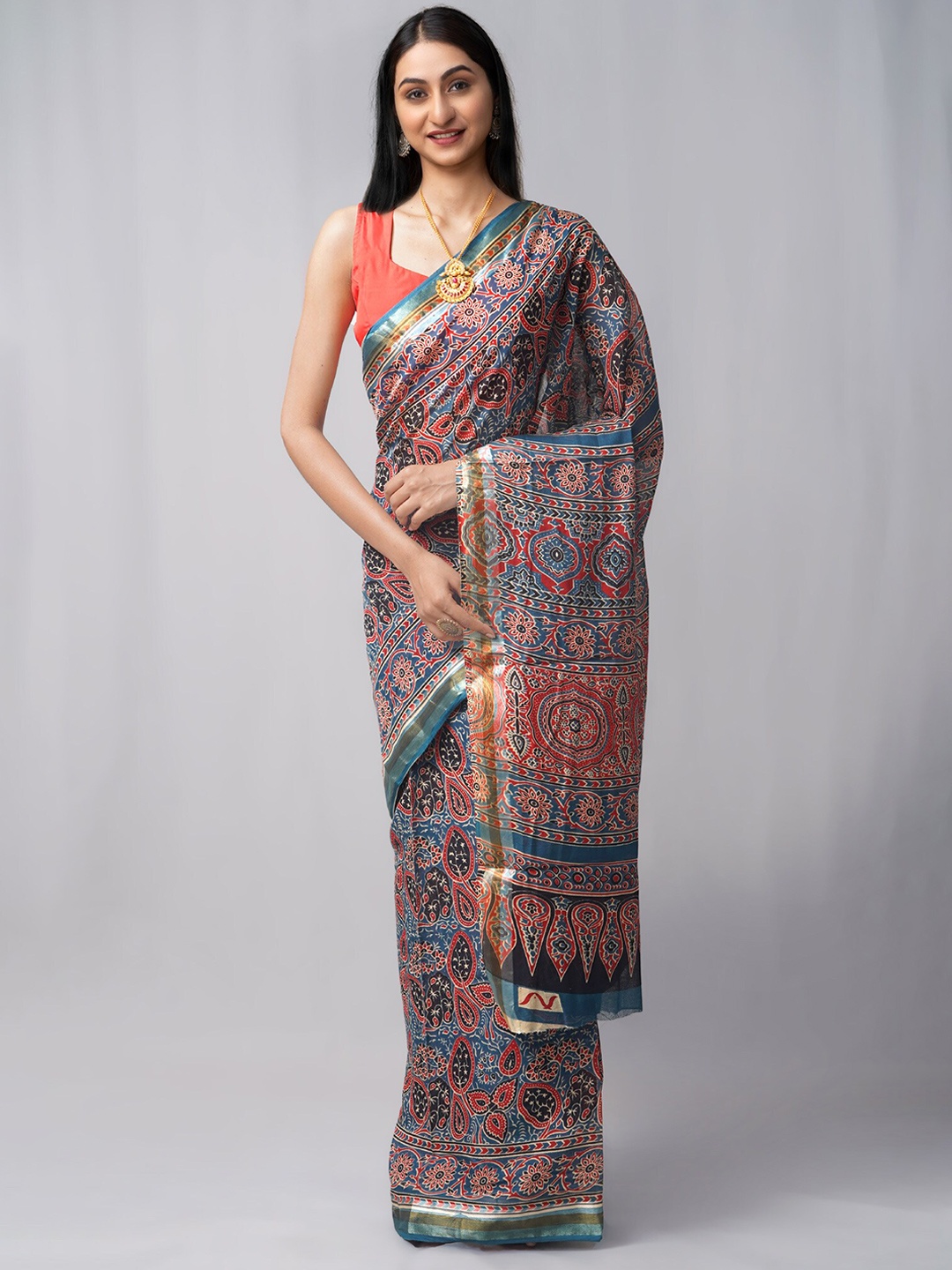 

Unnati Silks Zari Pure Cotton Handloom Patola Saree, Blue