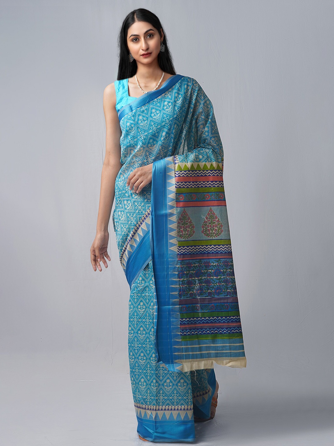 

Unnati Silks Floral Printed Silk Cotton Chanderi Saree, Blue