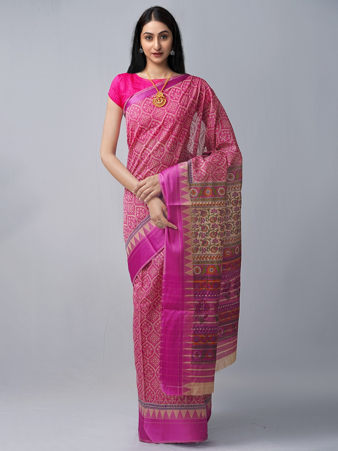 

Unnati Silks Ethnic Motifs Silk Cotton Chanderi Saree, Pink