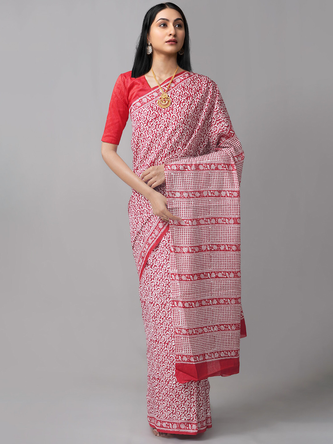 

Unnati Silks Ethnic Motifs Pure Cotton Block Print Handloom Saree, White