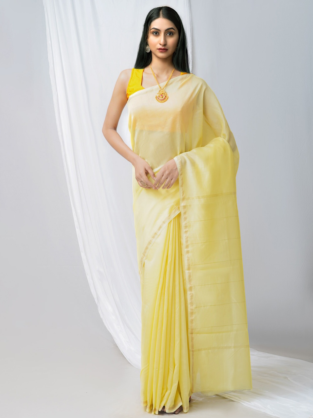 

Unnati Silks Zari Silk Cotton Chanderi Saree, Yellow