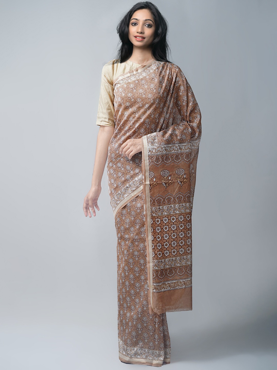 

Unnati Silks Bagh Zari Silk Cotton Chanderi Saree, Brown