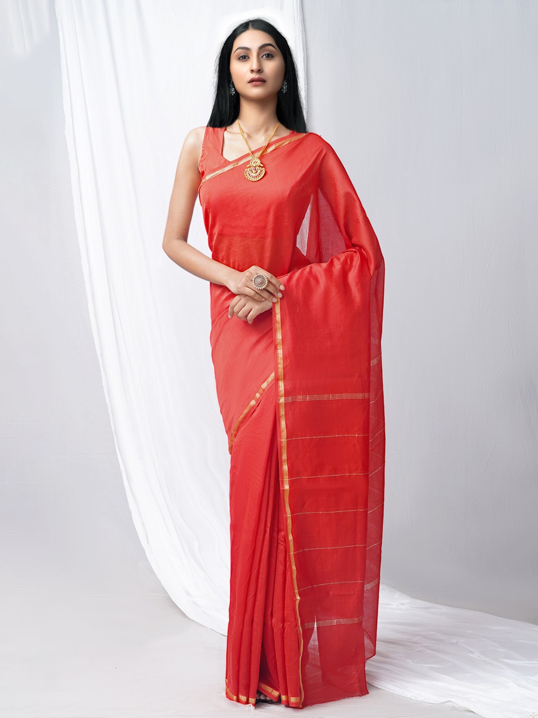 

Unnati Silks Zari Silk Cotton Chanderi Saree, Red