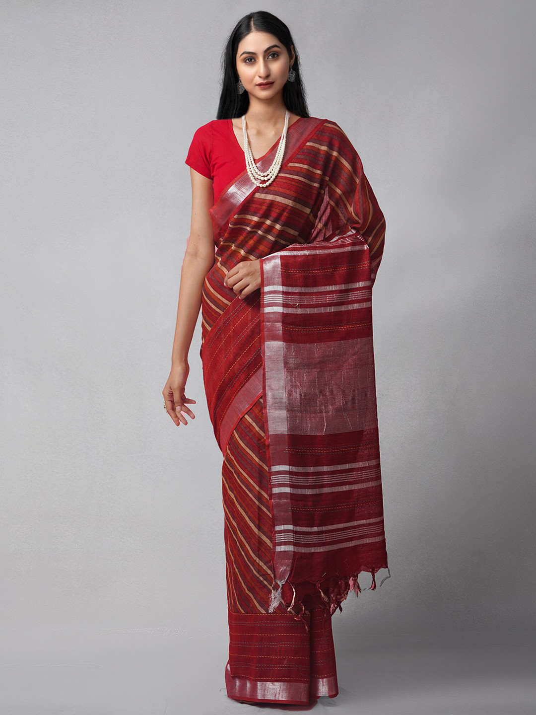 

Unnati Silks Striped Zari Pure Cotton Jamdani Saree, Red