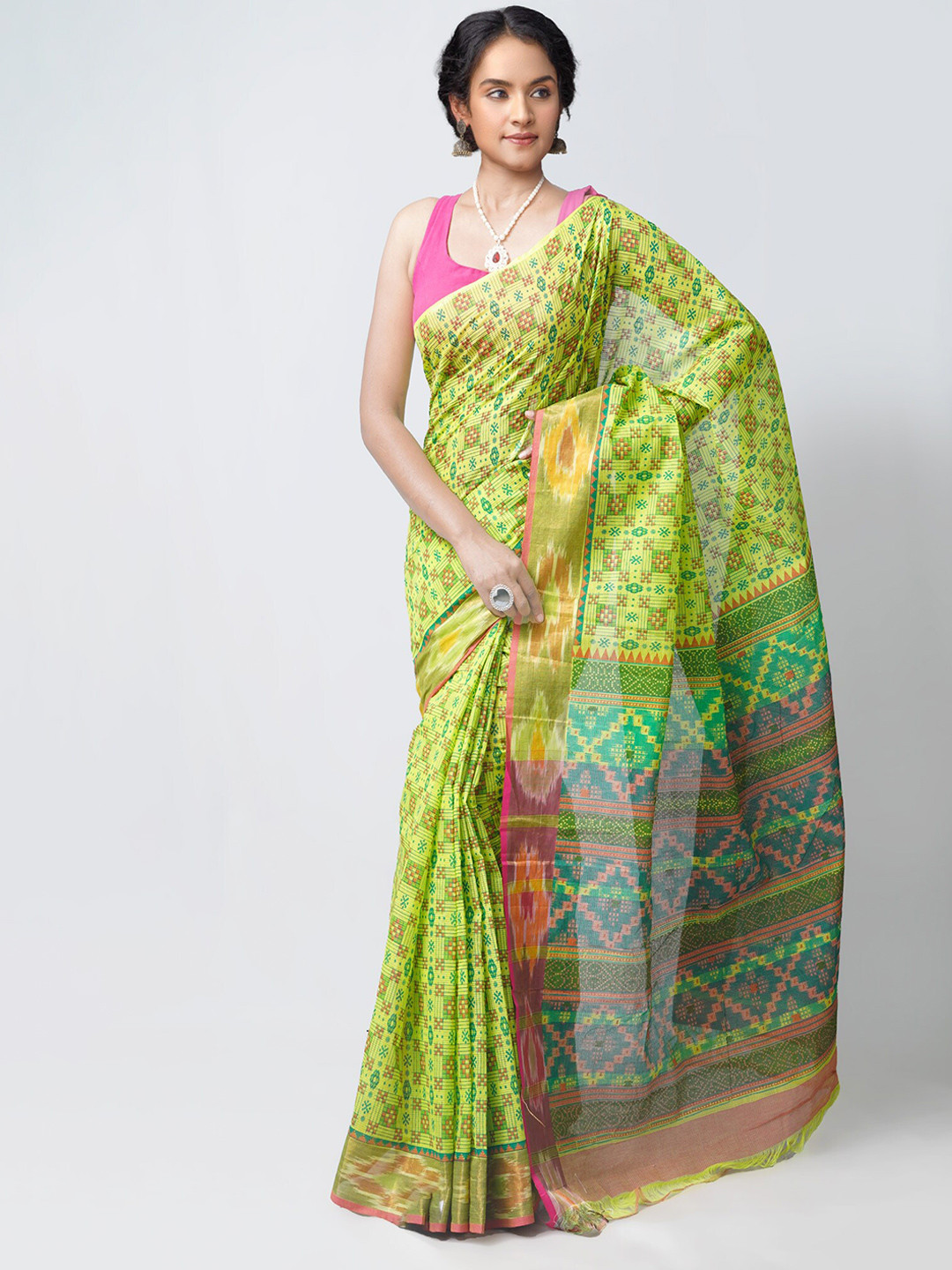 

Unnati Silks Ethnic Motifs Zari Pure Cotton Mangalagiri Saree, Green