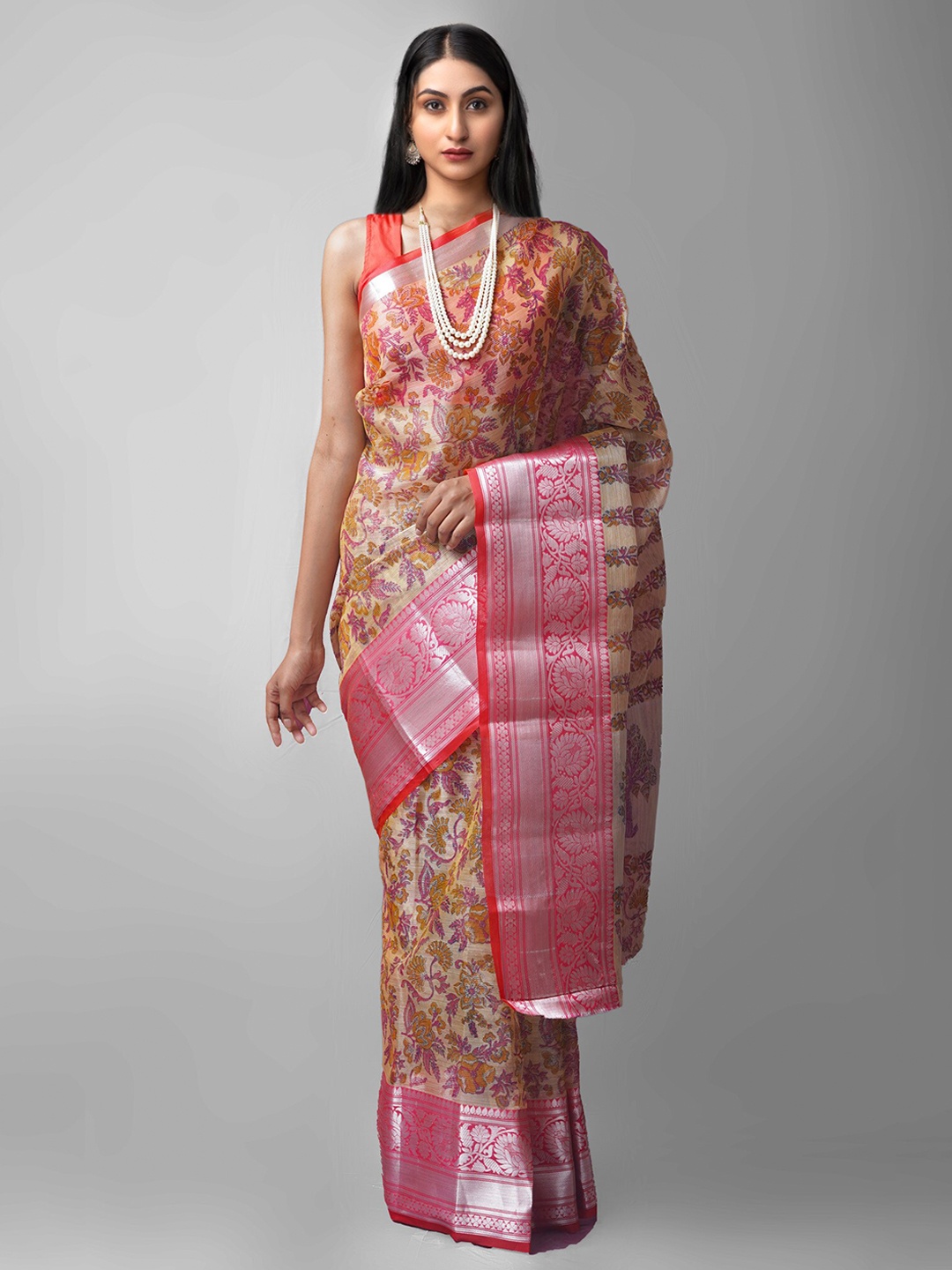 

Unnati Silks Floral Zari Silk Cotton Chanderi Saree, Cream