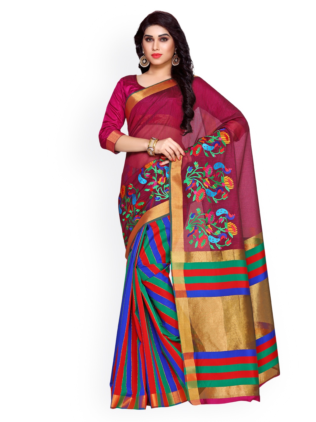 

MIMOSA By Kupinda Maroon Art Silk Striped Kanjeevaram Saree