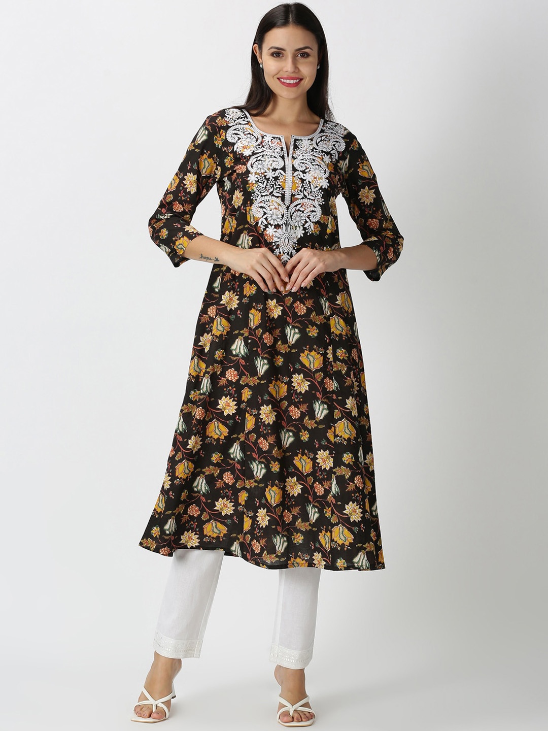 

Saffron Threads Floral Printed Chikankari Embroidered A-Line Kurta, Black
