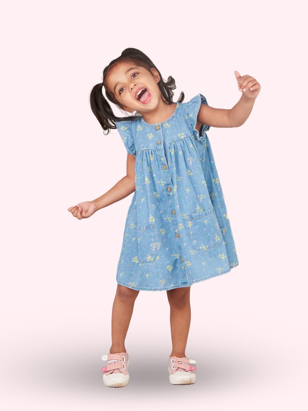 

Zalio Floral Printed Denim Round Neck A-Line Cotton Dress, Blue