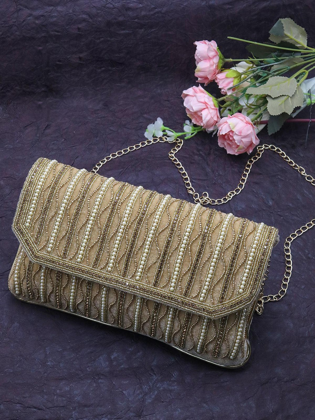 

ODETTE Embellished Envelope Clutch, Beige