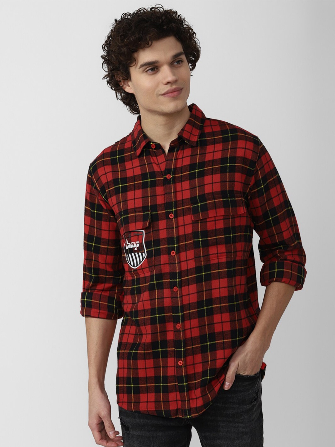 

FOREVER 21 Men Tartan Checks Checked Cotton Casual Shirt, Red