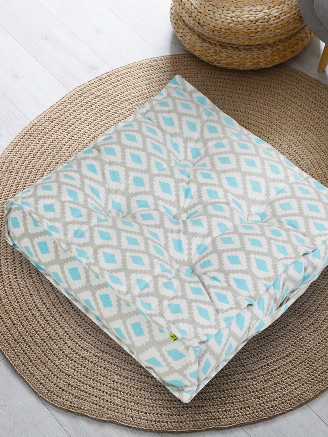 

Home Centre White & Blue Printed Floor Cushions