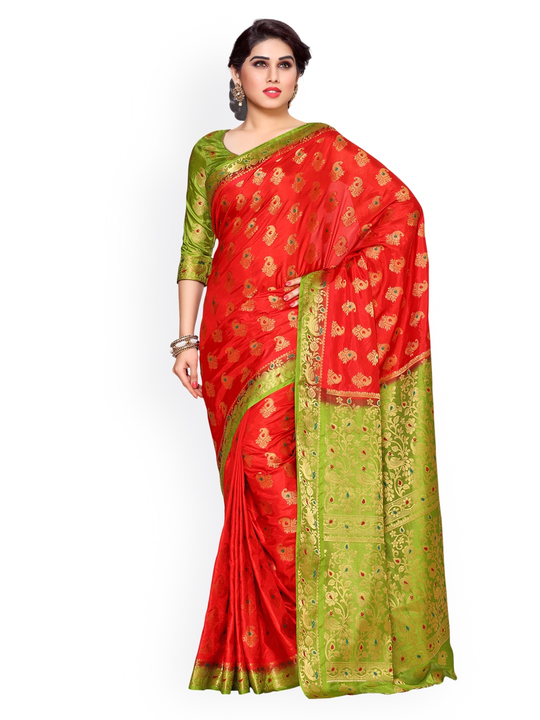 

MIMOSA Red & Green Art Silk Embellished Kanjeevaram Saree