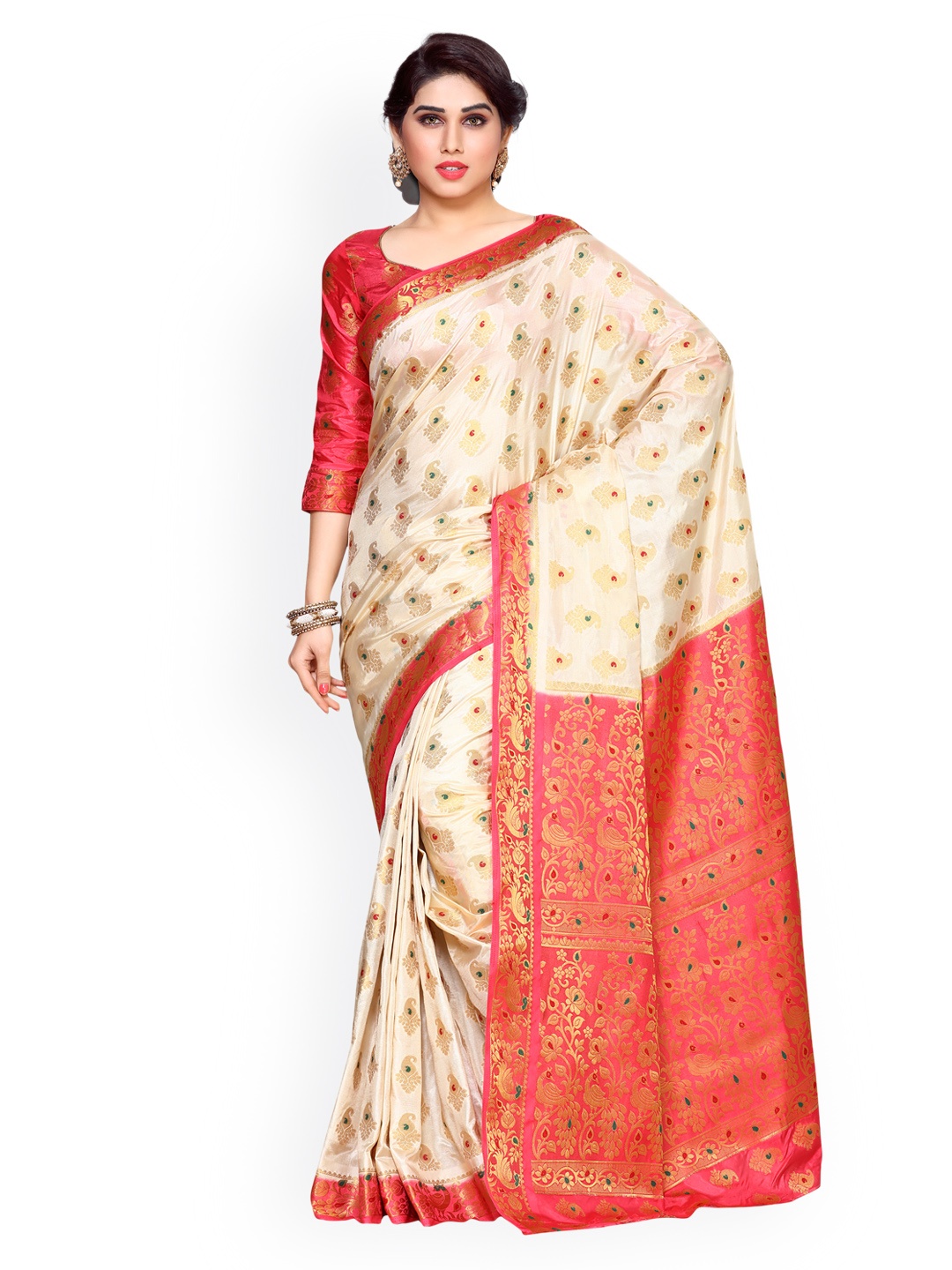 

MIMOSA Beige & Red Art Silk Embellished Kanjeevaram Saree