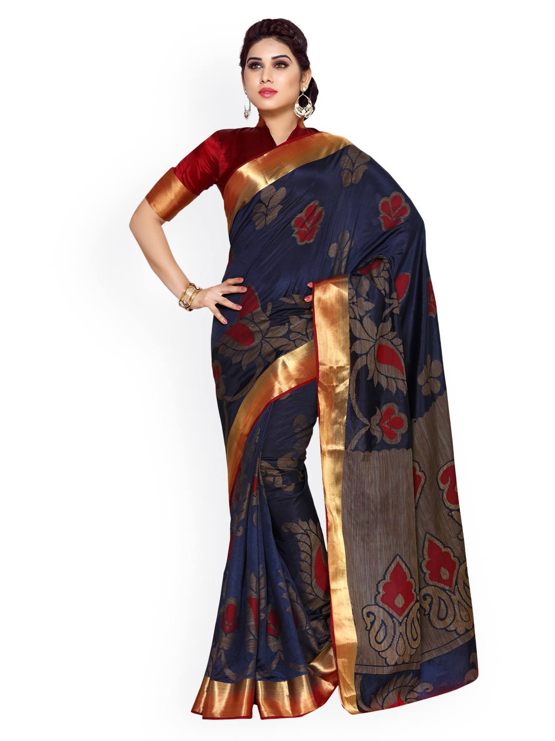 

MIMOSA Navy Blue Art Silk Woven Design Kanjeevaram Saree