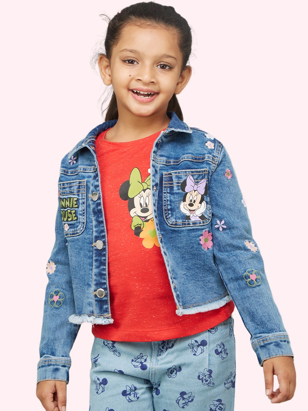

Zalio Girls Crop Denim Minnie Mouse Jacket with Patchwork, Blue