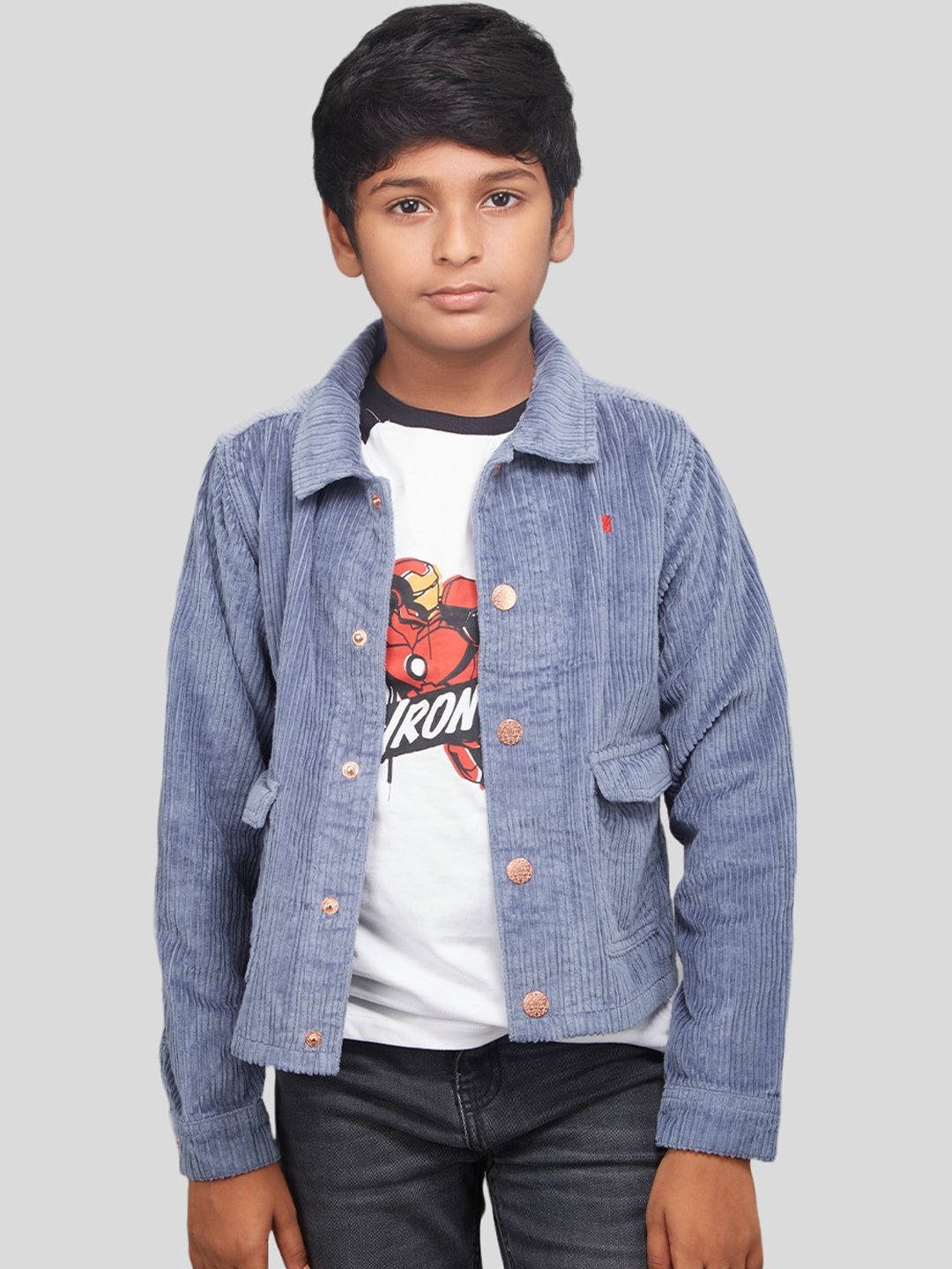 

Zalio Boys Washed Corduroy Crop Denim Jacket with Patchwork, Blue