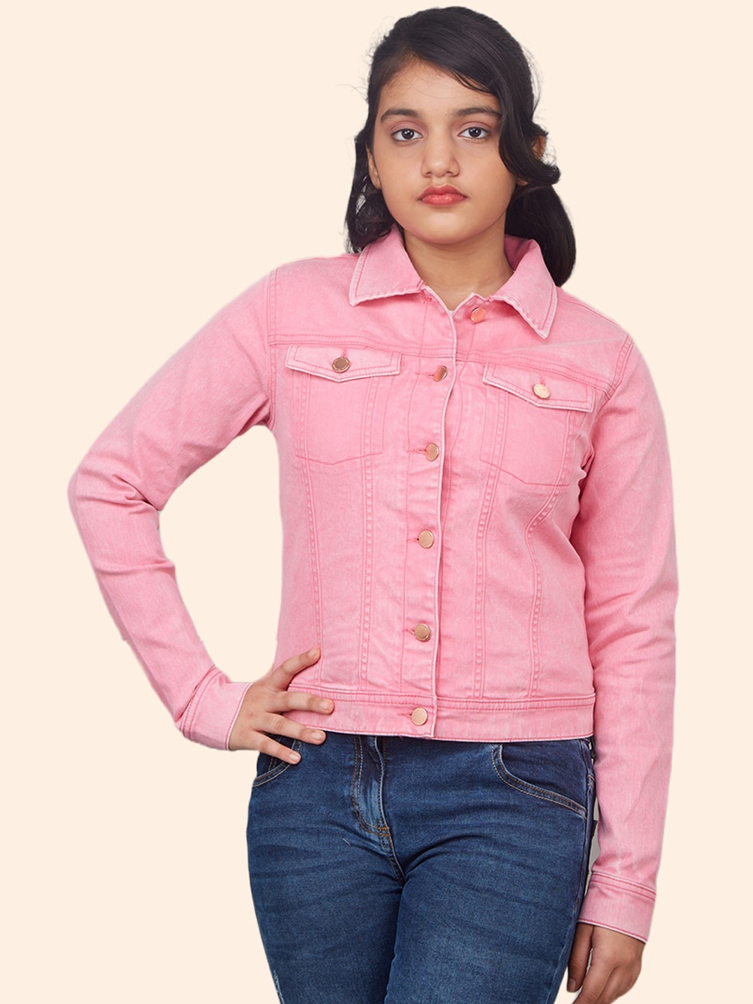 

Zalio Girls Washed Pure Cotton Denim Jacket with Patchwork, Pink