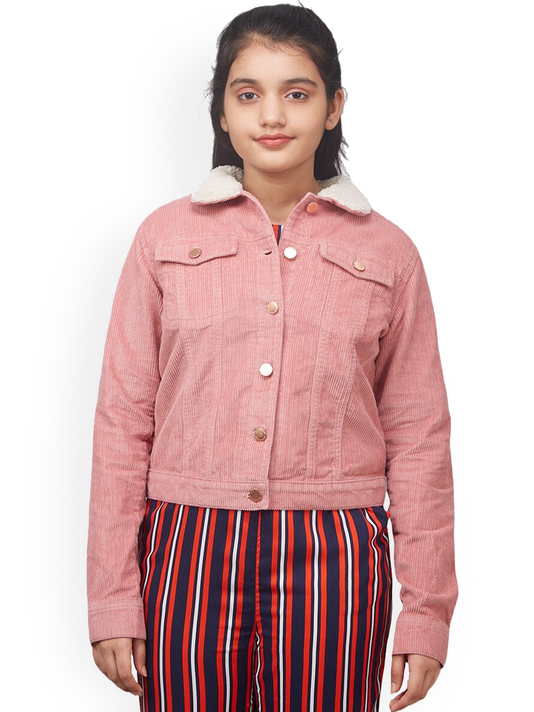 Zalio Girls Washed Pure Cotton Crop Tailored Jacket, Pink