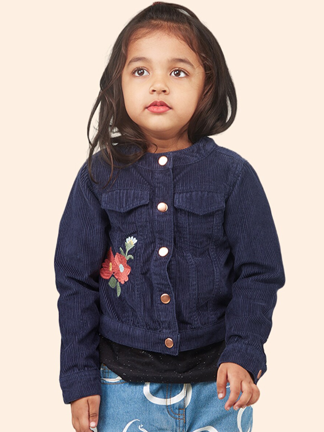 

Zalio Girls Floral Pure Cotton Denim Jacket with Patchwork, Navy blue