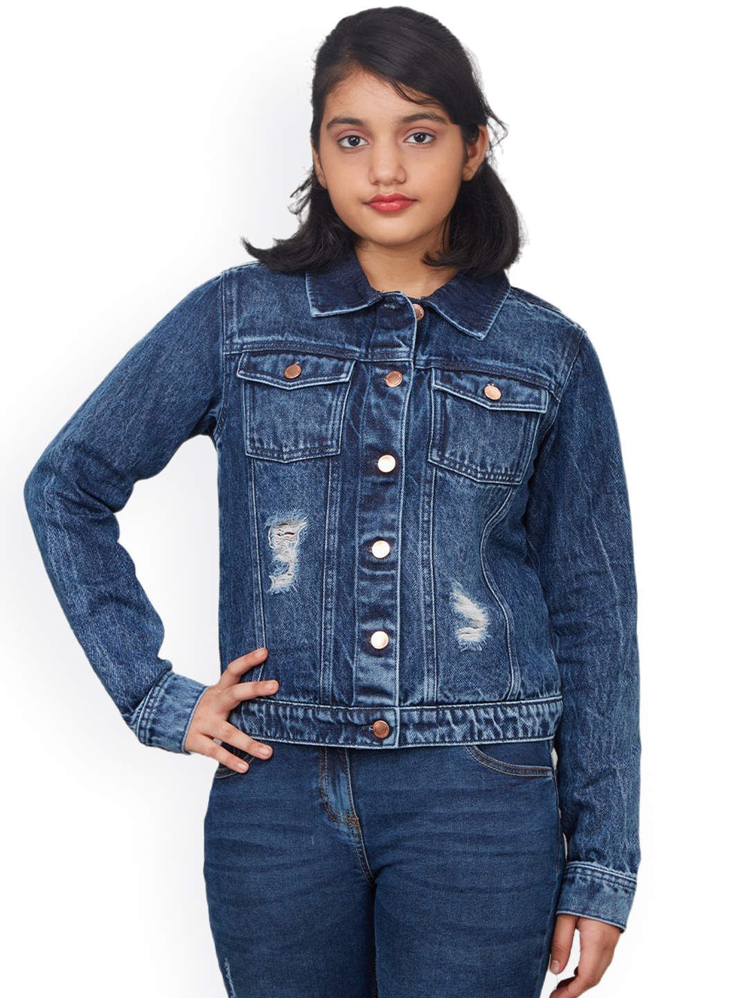 

Zalio Girls Washed Crop Denim Jacket with Patchwork, Blue