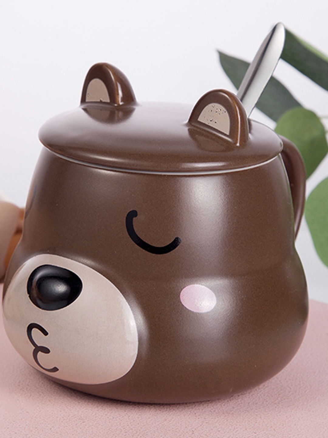 

BonZeaL Brown & Black Dog Printed 3D Ceramic Matte Mug with Lid Spoon 350 ml