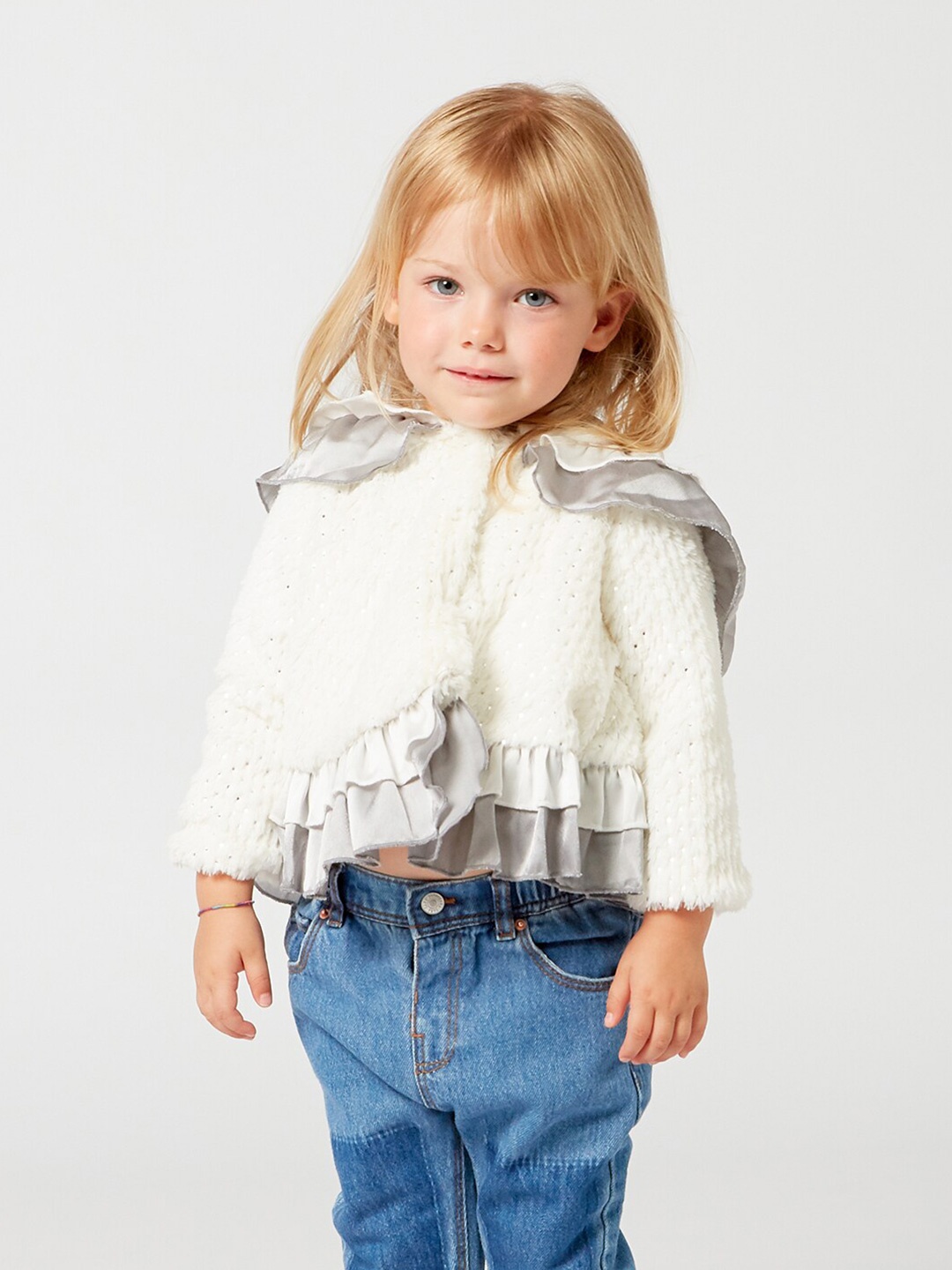 

One Friday Girls Self Design Hooded Shrug, Off white
