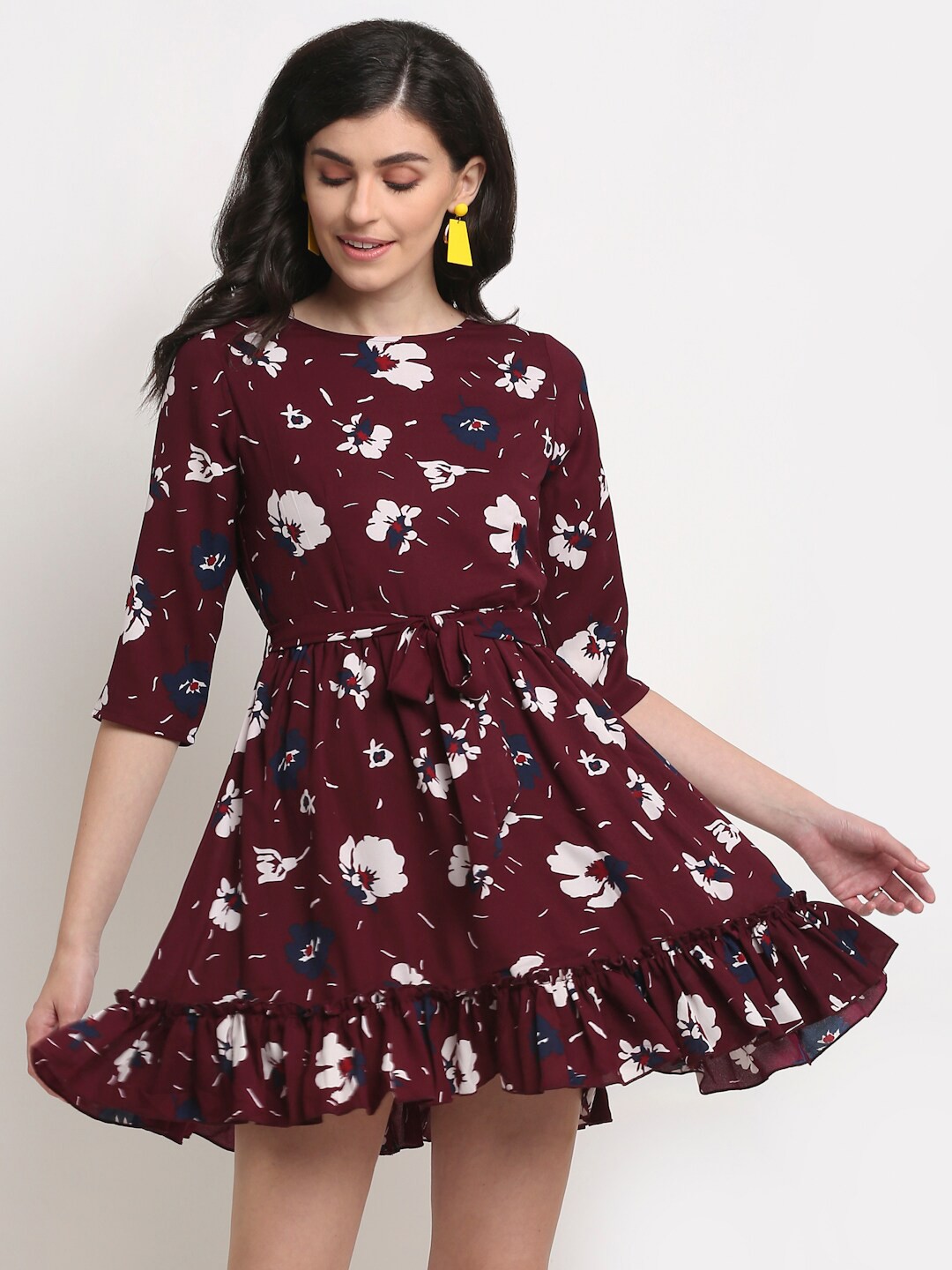

La Zoire Floral Printed Round Neck Fit & Flare Dress, Burgundy