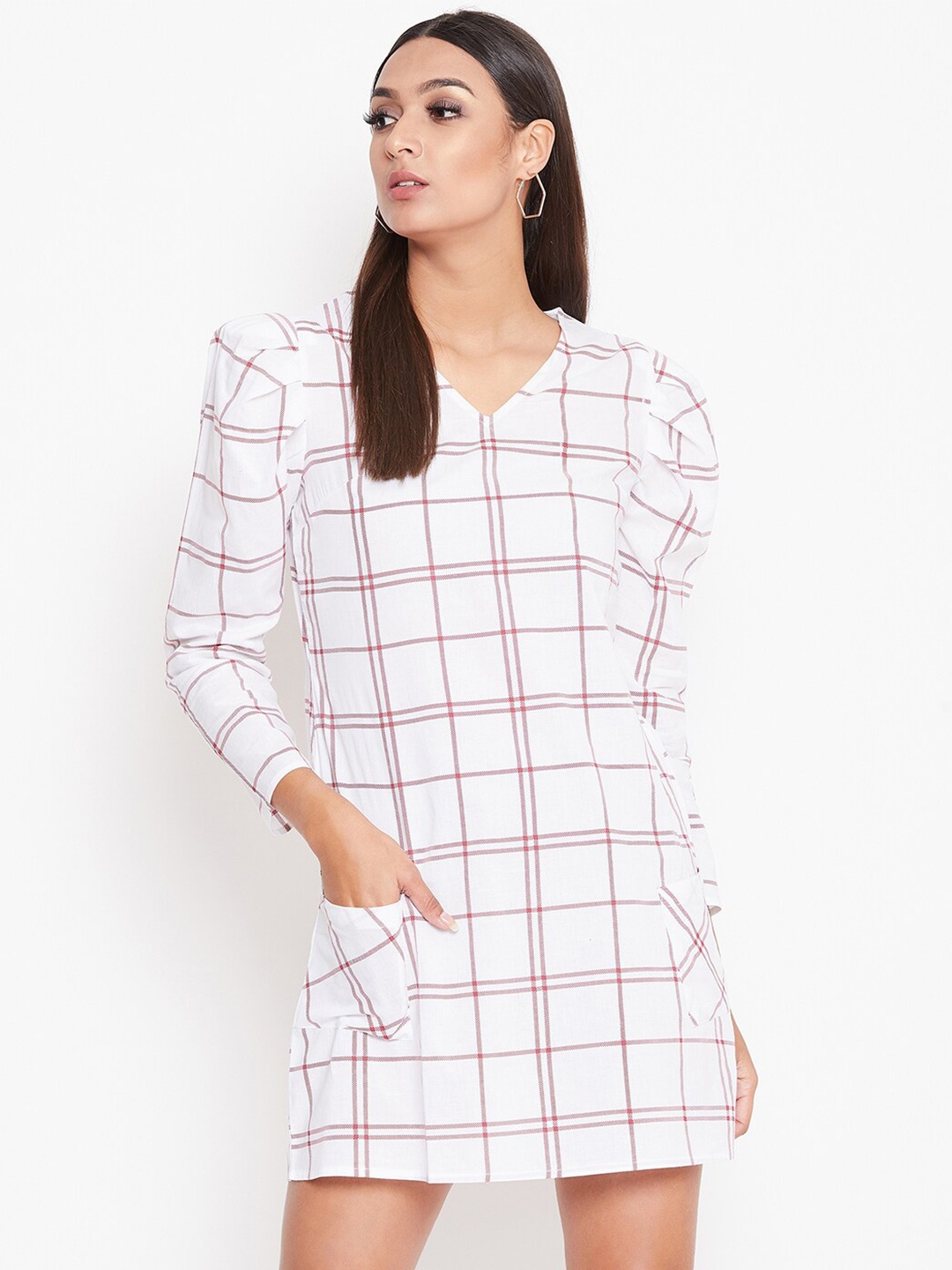 

La Zoire Checked V-Neck A-Line Cotton Dress, White