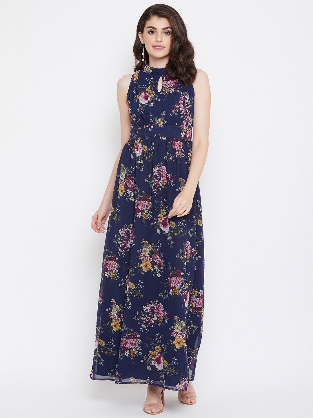 

La Zoire Floral Printed Keyhole Neck Fit & Flare Maxi Dress, Navy blue