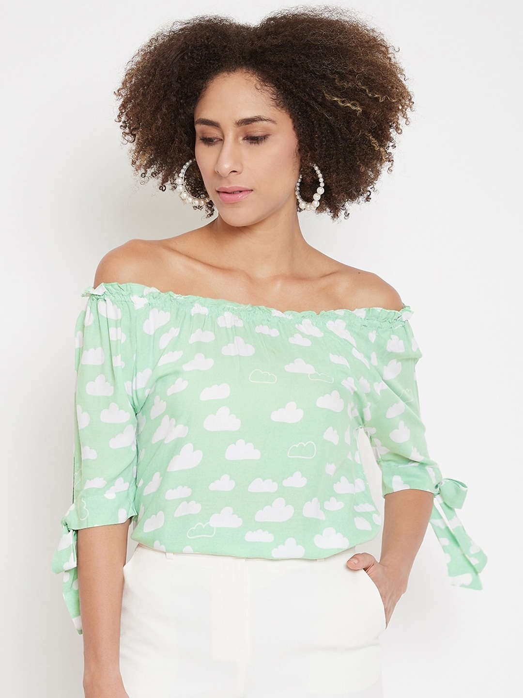 

La Zoire Print Off-Shoulder Bardot Top, Green