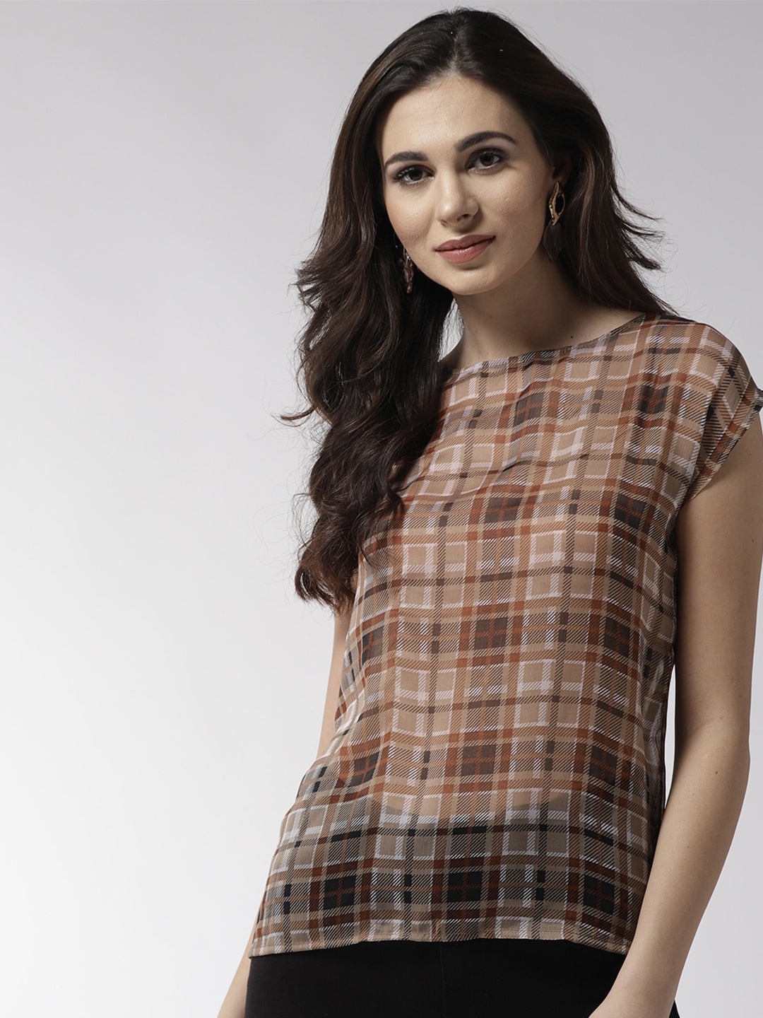 

La Zoire Checked Round Neck Extended Sleeves Top, Brown