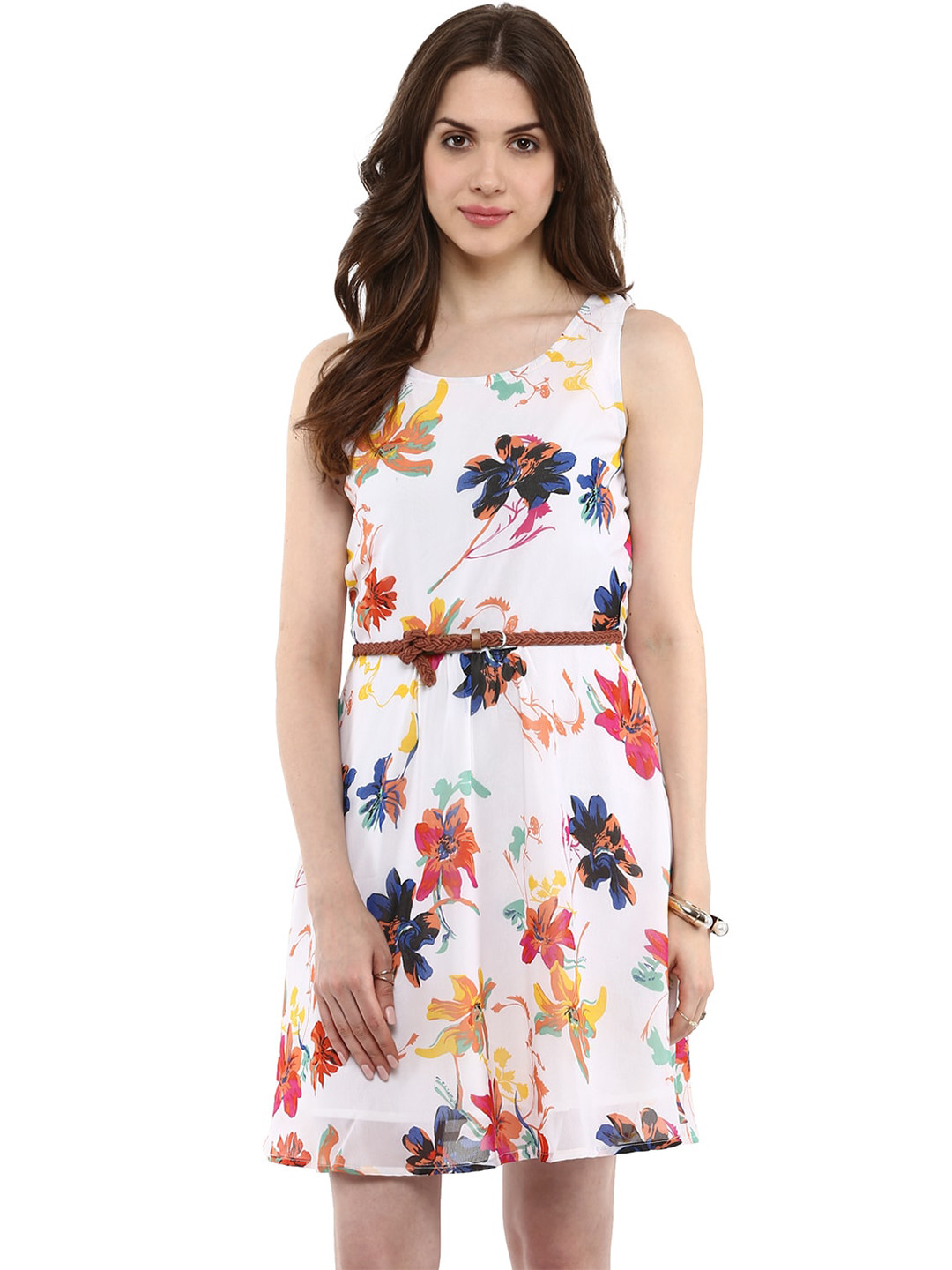 

La Zoire Women Floral Printed Georgette Dress, White