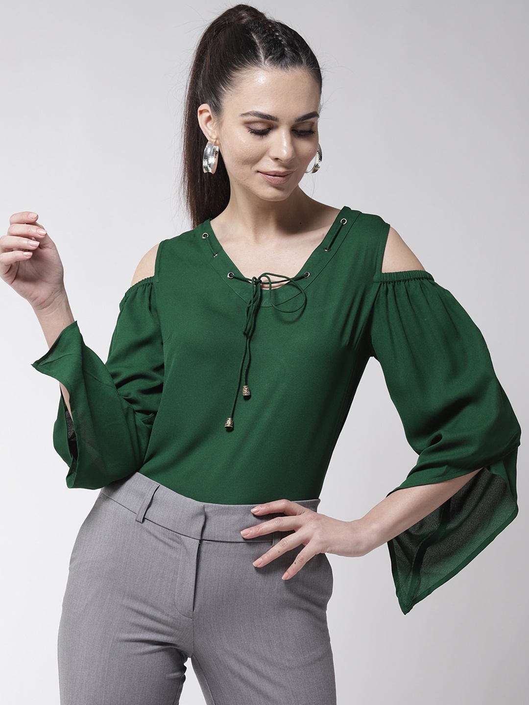 

La Zoire Tie-Up Neck Cold-Shoulder Sleeve Top, Green