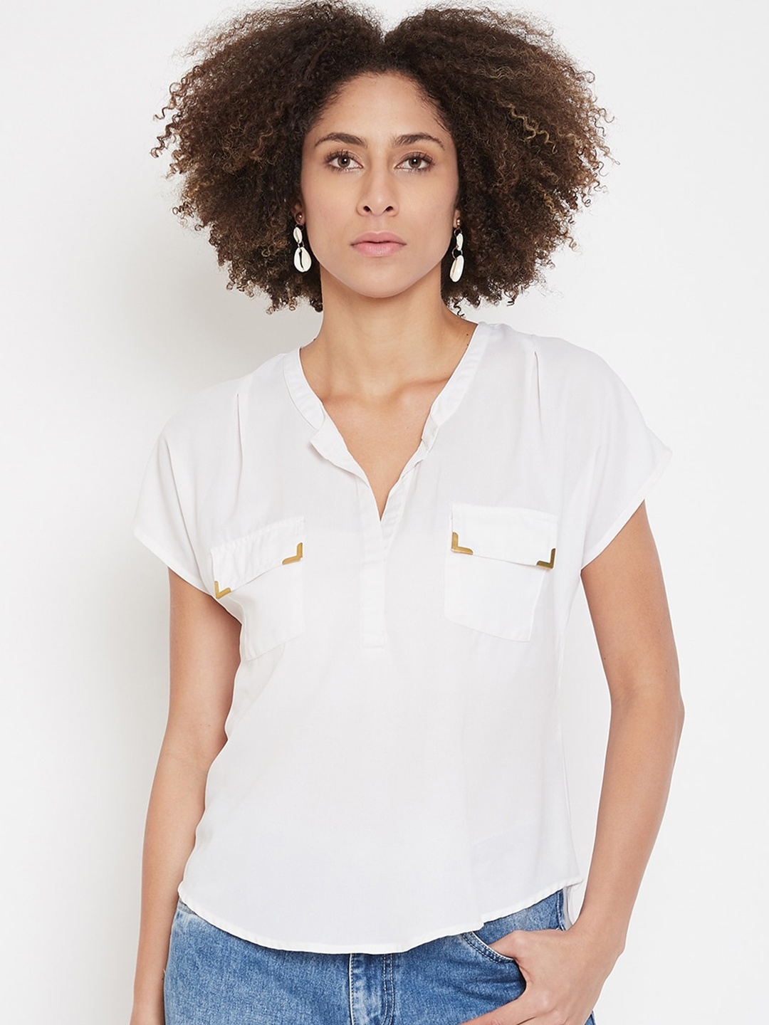 

La Zoire White Extended Sleeves Georgette Shirt Style Top