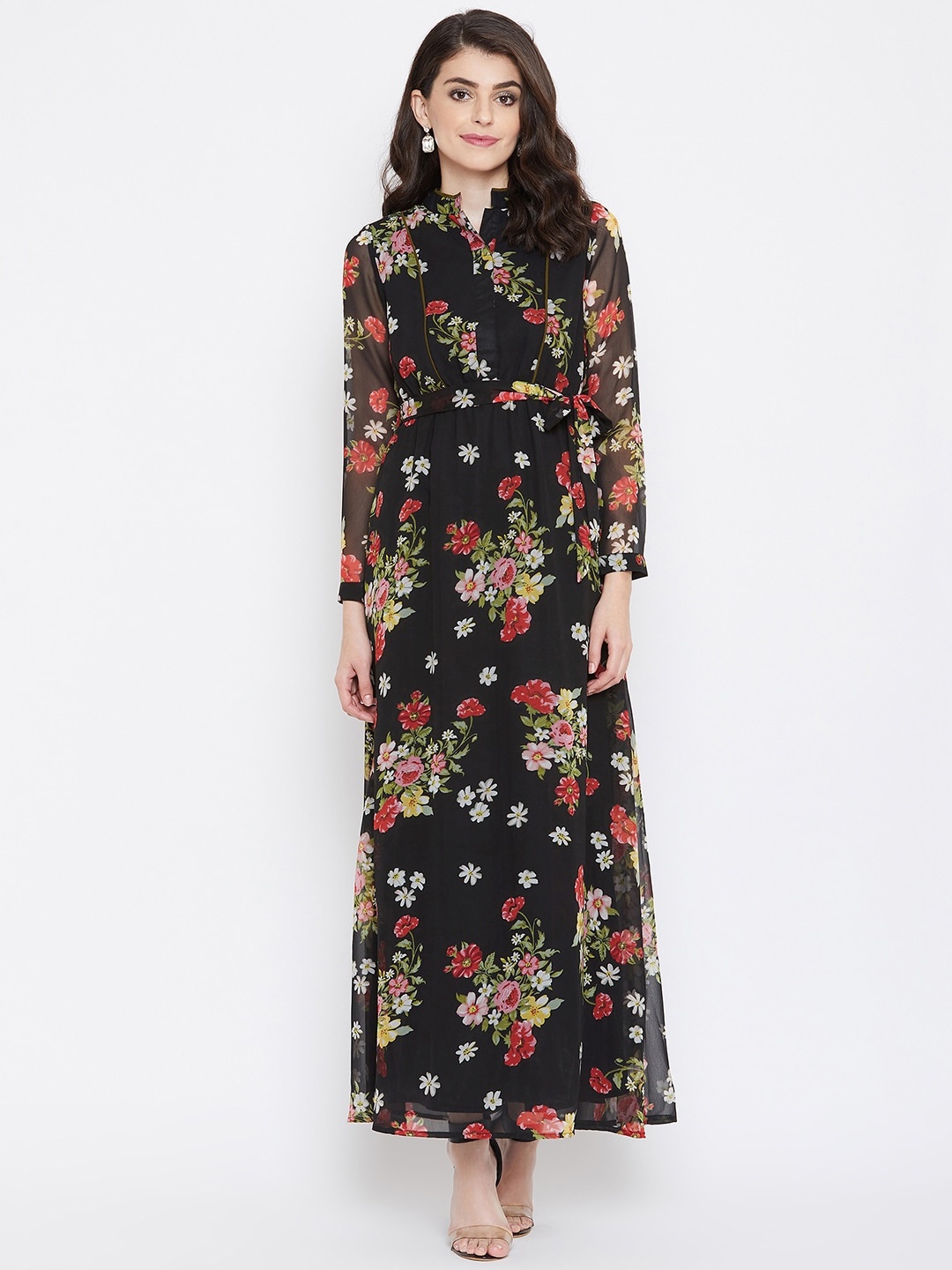 

La Zoire Women Floral Printed Georgette Maxi Dress, Black