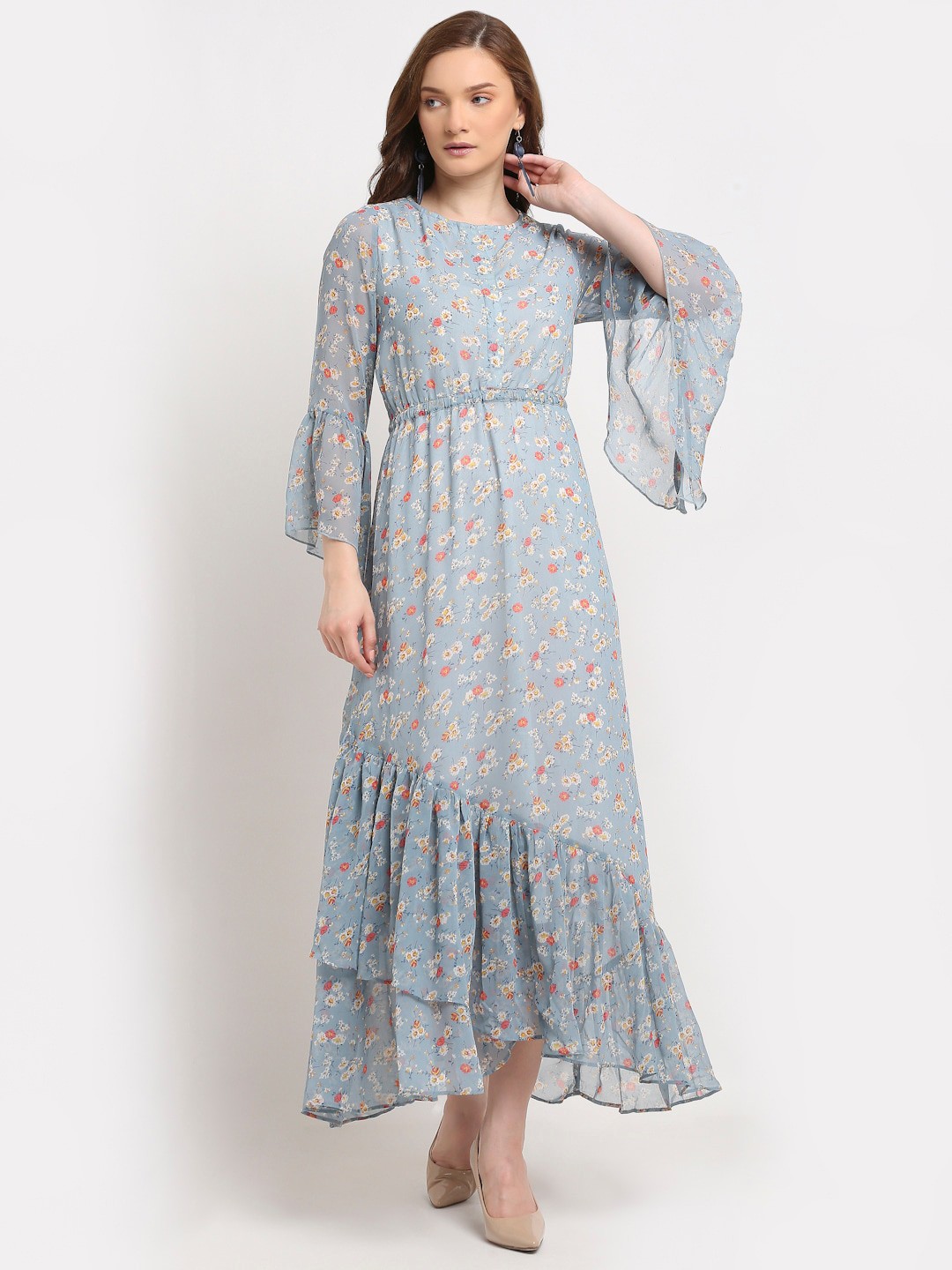 

La Zoire Women Floral Printed Georgette Maxi Dress, Blue